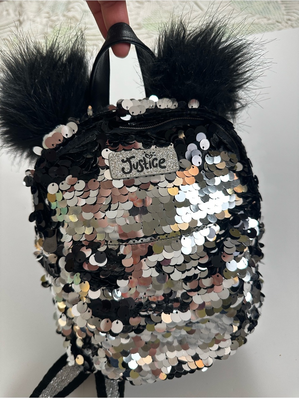 Justice Black & Silver Sequin Mini Backpack with Fur Ears
